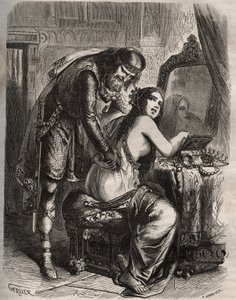 Fredegonde (545-597) tar sin man, franckungen Chilperic I (543-597), för sin älskare, Landeric. Kungen upptäcker när hans fru är otrogen mot honom. Gravyr från 1871 i "Histoire Des Cocuses Celebres"" av Henry de Kock (1819-1892). av French School