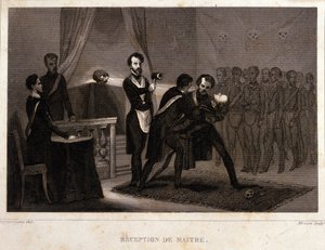Freemaking: Mästarens mottagnings- och initiationsrit. Gravyr från "Picturesque Histoire de la Franc Maconnerie et des Societes Secretes antique et modernes" av F.-T. B. Clavel. Pagnerre, redaktör. 1843. av French School