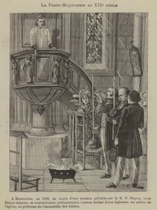 Frimureriet på 1800-talet: tre frimurare konverterar och bränner sina diplom i en kyrka i Montauban av French School