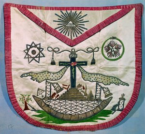 Frimurarförkläde med frimurar- och rosenkorssymboler (broderat siden) av French School