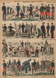 Franska arméns artilleri som bygger pontonbroar (färgad gravyr) av French School