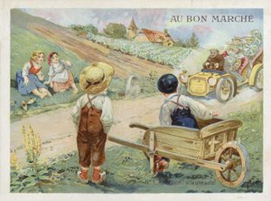 Franska barn som tittar på fortkörande bil av French School