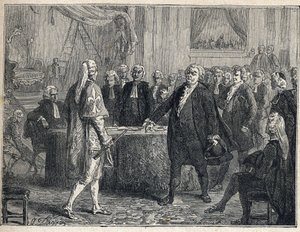 Franska revolutionen - Generalförsamling den 23/06/1789: Honore Gabriel (Honore-Gabriel) Riqueti, greve av Mirabeau (1749-1791) tilltalar Henri Evrard (Henri-Evrard), markis av Dreux Breze (Dreux-Breze) (1762- 1829). Gravyr från 1889. Privat samling. av French School
