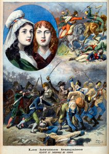 Franska revolutionen - De franska hjältinnorna: systrarna Felicite (1770-1841) och Theophile (1875-1819) av Fernig som kämpade utklädd som man mot österrikarna för att titta på deras far 1792 - illustration från "Le Petit Journal" den 7 augusti 1894 av French School
