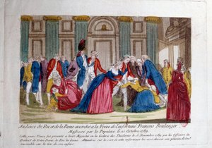 Franska revolutionen: "" Publik av Ludvig XVI och Marie Antoinette den 15/11/1789 beviljad till änkan efter Francois Boulanger massakern av befolkningen den 21/10/1789"" Gravyr från 1700-talet. Paris, Arsenals bibliotek av French School