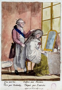 Franska revolutionen: Tecknad film om kungafamiljens flygresa till Varenne den 20 och 21/06/1791: Kung Ludvig XVI:s drottning Marie Antoinette skulle resa med det falska passet som guvernant för barnen till baronessan av Korff. Anonym färg av French School