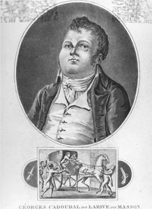Franska revolutionen: Georges Cadoudal (dit Larive, dit Masson), en fransk konspiratör som var en av ledarna för Chouanerna och som organiserade två komplotter mot Bonaparte, den avrättades den 25 juni 1804 - gravyr, koll. museum Dobrée, Nantes. ¿ av French School