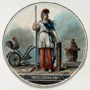 Franska revolutionen: allegori om Liberte som en kvinna nära en bikupa och en tupp. Sent av 1700-talets Paris, B.N. av French School