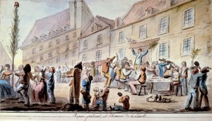 Franska revolutionen: brödramåltid till frihetens ära i juni 1793. Patrioter och parisare firar Liberte. Mottot "Liberte, egalite, broderskap"" dök upp för första gången under denna period. Akvarell från 1793. Paris, Arsenals bibliotek av French School