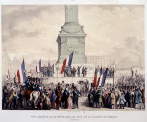 Franska revolutionen 1848: proklamation av den andra republiken vid foten av julipelaren på Place de la Bastille den 25/02/1848. Litografi från 1800-talet. Paris, Musee Carnavalet av French School