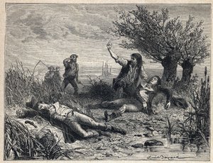 Franska revolutionen: självmord genom förgiftning av politikerna Francois Buzot (1760-1794) och Jerome Petion de Villeneuve (1759-1794) av French School