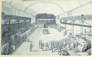 Franska revolutionen: födelsen av konstitutionen i september 1791 omsmält av Guy Jean-Baptiste Target (1733-1807) i rummet på Jeu de Paume i Versailles där deputerade hade avlagt en ed den 20/06/1789. Anonym teckning omkring 1791. Paris, Lou av French School
