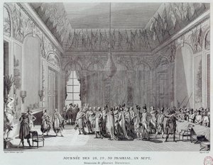 Franska revolutionen: dagarna 28, 29 och 30 år VII, som ledde, den 18/06/1799, till statskupp för Abbe Emmanuel-Joseph Sieyes (1748-1836) (eller rådens hämnd) och såg avskedandet av flera Thermidorianska regissörer. Gravyr o av French School