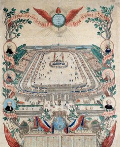 Franska revolutionen: vy över den nationella federationens högtid den 14/07/1790 på Champs de Mars. Gravyr från 1790. Paris, Nationalarkivet av French School