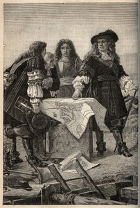 Den franske arkitekten Vauban ritar upp planerna för befästningarna i Belfort (öster om Frankrike) på Ludvig XIV:s begäran 1687 - Sebastien Le Prestre de Vauban ger planerna för befästningarna i Belfort - gravyr i "" PATRIE"" - BESKRIVNING PECTUREQU av French School