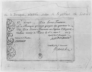 Fransk sedel för tio pund från Law Bank, daterad 1 april 1719 av French School