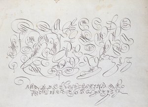 Fransk kalligrafi: Plåt av kapital, gravyr av Frisius, kungens kalkograf av Robert Vignon i skriftträdgården omkring 1600. av French School