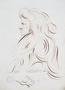 Fransk kalligrafi: Porträtt av Fader Voltaire av Bernard de Paris omkring 1780. Historiskt bibliotek i staden Paris. av French School