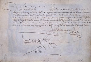 Fransk kalligrafi: Recu till förmån för Bernard de Beaugrand levererar den 2 juli 1623. Historiskt bibliotek i staden Paris. av French School