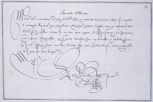 Fransk kalligrafi: Teknografi, ""exempel på minut"" av Guillaume Le Gangneur omkring 1599. Historiskt bibliotek i staden Paris. av French School