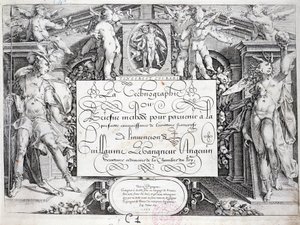 Fransk kalligrafi: Technography, frontispice av Guillaume the Gangneur omkring 1599. Historiskt bibliotek i staden Paris. av French School