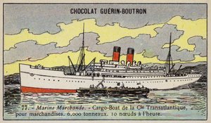 Franskt lastfartyg från Compagnie Transatlantique (chromolitho) av French School
