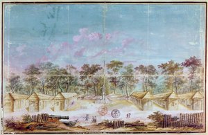 Franska kolonister bosatte sig på stranden i Kourou, Guyana 1763 (wc på papper) av French School