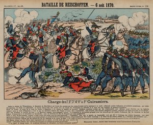 Franska kurassier som anfaller preussiskt infanteri vid slaget vid Reichshoffen, fransk-preussiska kriget, 6 augusti 1870 (färgad gravyr) av French School
