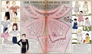 Franskt mode för sommaren 1934: feminint mode (blusar) och barnsligt mode (klänningar och dräkter). I "Le petit echo de la mode" av French School