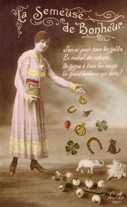 Franskt vykort föreställande La Semeuse de Bonheur (Lyckans sår), 29 mars 1914 av French School