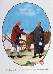 Franska revolutionen: en bonde och en präst skakar hand. "Rör på gentlemannen, jag visste att du skulle bli en av oss." Tecknad gravyr från slutet av 1700-talet. Paris, Arsenals bibliotek av French School