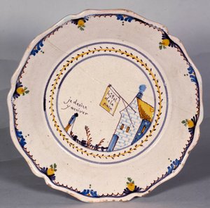 Franska revolutionen: tallrik med representation av hotel de la paix "" Jag önskar att komma dit"". Keramik från 1700-talet. Nevers, Musée Frederic Blandin av French School