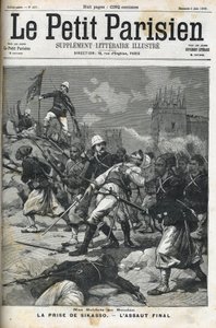 Franska soldater i Sudan: maj 1898. Sack of Sikasso av överste Audeoud (Sudan). Fångandet av Sikasso. Omslag till "" Le petit parisien""" från juni 1898. av French School