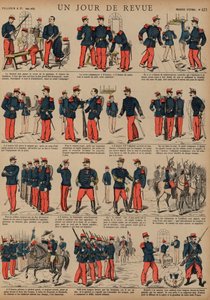 Franska soldater på dagen för en recension (färgad gravyr) av French School