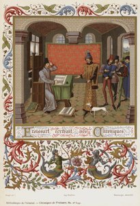 Froissart skriver sina krönikor (chromolitho) av French School