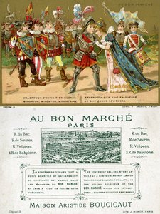 Fram- och baksidan av ett reklamkort för det parisiska varuhuset Au Bon Marché, föreställande en av de mest populära folksångerna på det franska språket, Marlbrough sen va-t-en guerre (Marlborough