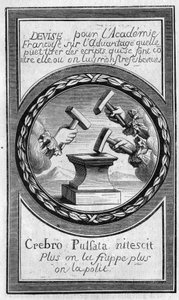 Frontispice of the "Factums" mot den franska akademin av Antoine Furetiere (1619-1688). Gravyr från 1860. av French School
