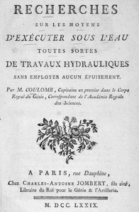 Framsidan av boken "" Forskning om sätt att utföra alla typer av hydrauliska arbeten under vatten"" av Coulomb av French School
