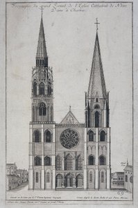 Frontispice av den stora portalen till kyrkan Cathedrale de Notre Dame à Chartres, designad på plats av Saint Vincent Geographer Engineer, sd. 1800-talet av French School