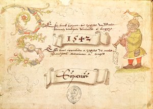 Frontispice från Recueil de chants religieux et profanes IX föreställande en man med glasögon som spelar ett blåsinstrument med en fågel på huvudet, 1542 av French School