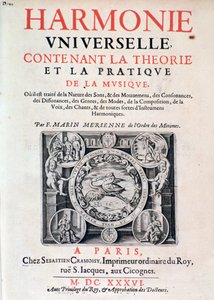 Frontispice av Harmonie universelle som innehåller teori och praktik av musik av Marin Mersenne (Marin Mersennus eller le Pere Mersenne) (1588-1648), 1637. av French School
