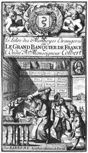 Frontispice av Le Grand Banquier de France ou Le Livre des Monnaies Etrangeres av Bertrand Francois Barreme (1640-1703) sent 1600-tal av French School
