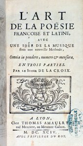 Frontispice av The art of French and Latin poetry, med en idé om musik under en ny metod av Pherotee La Croix av French School