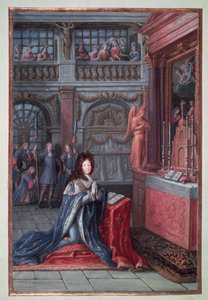 Frontispekt av Ludvig XIV:s timmar som föreställer Ludvig XIV (1638-1715) i bön. av French School