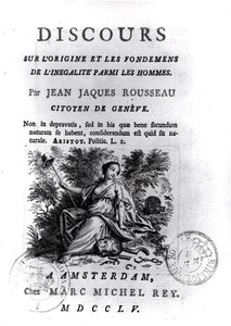 Frontispice till diskurs om ursprunget och grunderna för ojämlikhet bland män av Jean-Jacques Rousseau (1712-78) c.1755 av French School
