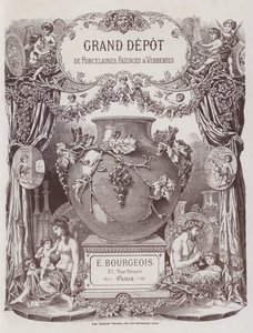 Frontispice till katalogen av Grand Depot de Porcelaines, Faiences et Verreries (färg litho) av French School