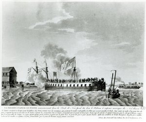 Fultons ångdrivna krigsskepp, Fulton the First, designad och byggd av Robert Fulton för försvaret av New York under kriget 1812 (bw-foto av gravyr från början av 1800-talet) av French School