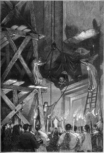 Begravning av påven Pius Ix (Pio) (1792-1878): begravningen av kroppen i Peterskyrkan i Rom. Gravyr i "" Le Monde Illustré"" nr 1093 av den 9 mars 1878. av French School