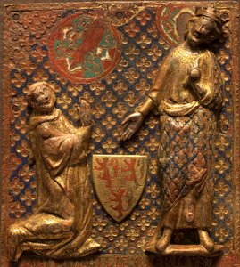 Begravningsplakett: Guy de Meyos knäböjer framför Saint Louis (Ludvig IX av Frankrike av French School