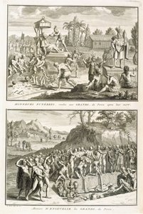 Begravningsriter och sättet att begrava herrar efter deras död, i Peru, illustration från religiösa ceremonier och seder, graverad av Bernard Picart (1673-1733) 1722 av French School